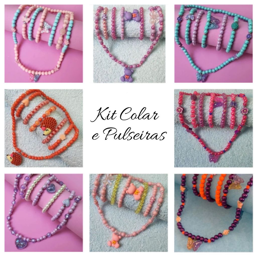 Kit 1 Colar e 5 Pulseiras Pingente Coração Borboleta Urso Animal Infantil Criança