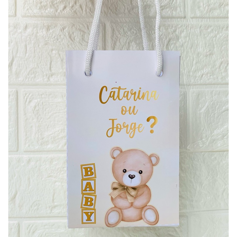 SACOLINHA PERSONALIZADA PARA LEMBRANCINHA CHÁ REVELAÇÃO URSINHO DOURADO - TAMANHO P