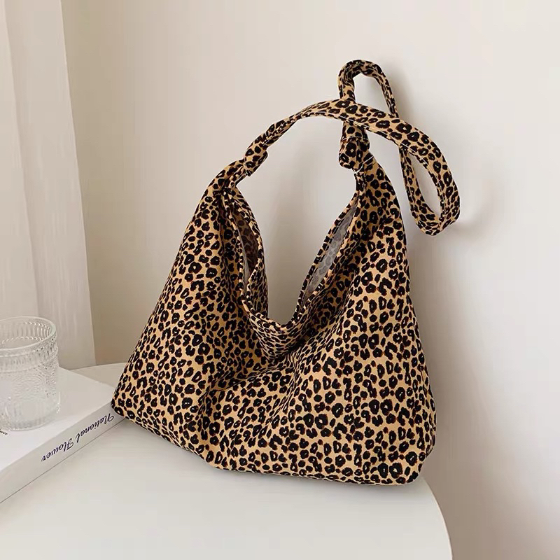 Bolsa de ombro multifuncional com estampa de leopardo, bolsa de compras de lona para estudantes