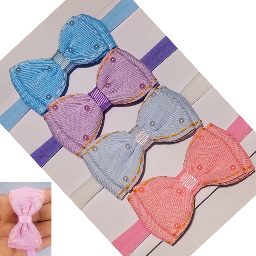 Kit 4 Laços Jeans Duplos com Pérolas Faixinha na Meia de Seda em Oferta na Shopee