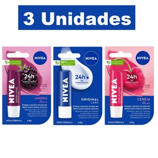 Hidratante Labial Nivea Amora Shine 4,8g + Original Care 4,8g + Cereja Shine 4,8g em Oferta na Shopee