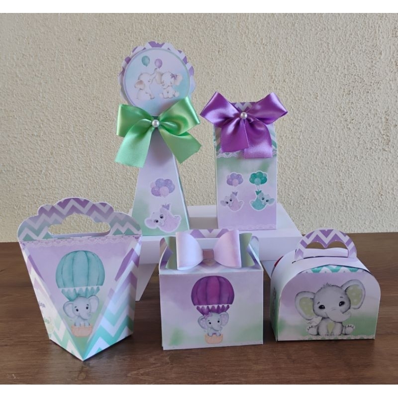 Kit Festa Caixinhas Personalizada Lembrancinha CHÁ REVELAÇÃO ELEFANTINHOS LILÁS /VERDE Pegue e Monte