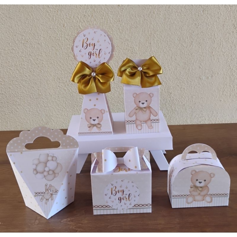 kit Festa Caixinhas Personalizadas/ Lembrancinhas CHÁ REVELAÇÃO URSINHO DOURADO E BEGE Pegue e Monte
