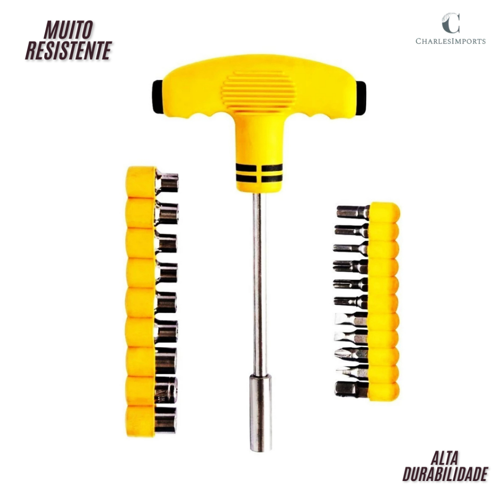 Jogo De Ferramentas Com Chave Phillips + Fenda + Allen + Torx + Soquete Canhão Kit Com 21 Peças