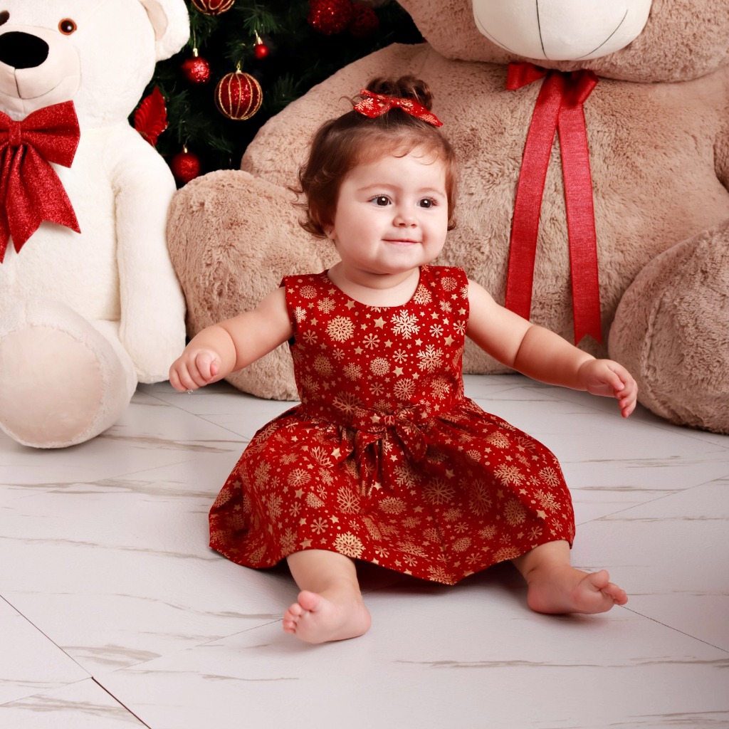 Vestido Bebe Menina Infantil 100% Algodão Estampa Natalina Vestido Bebê Rodado e Acessório de Cabelo
