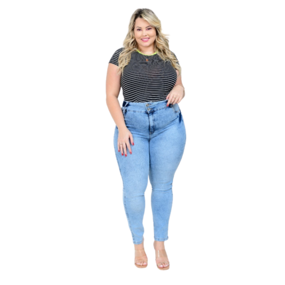 Calça Jeans Feminina Plus Size Cintura Alta Com Elastano em Oferta na Shopee