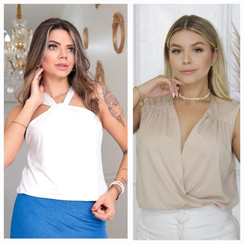 Kit 2 Blusa Regata Social Transpassada Decote em  V Blusa Femenina Regata Elegante com Gola Transpassada Suplex