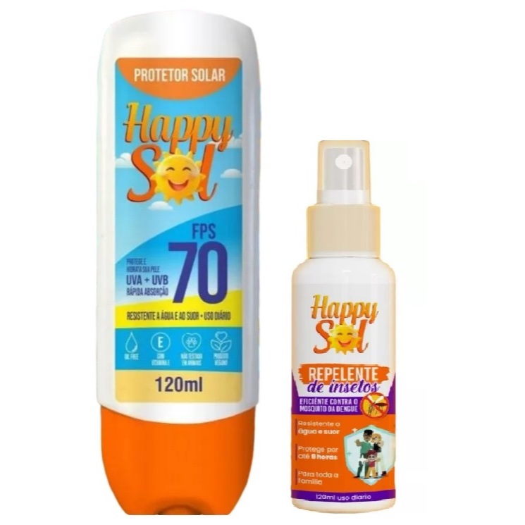 PROTETOR SOLAR HAPPY SOL 70 FPS 120 ML + SPRAY REPELENTE DE INSETOS HAPPY SOL  - 120ML