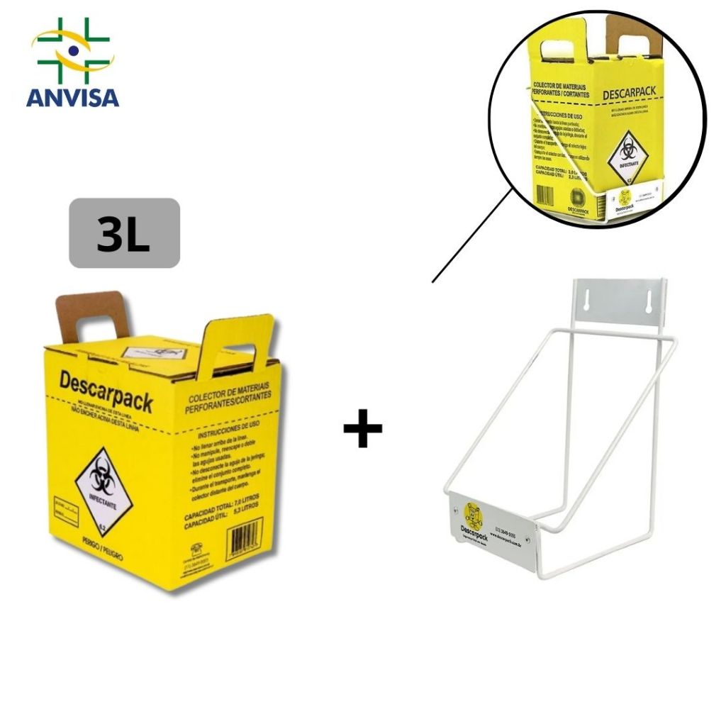 Kit Coletor Perfurocortante Suporte metal + Caixa 3l em Oferta na Shopee