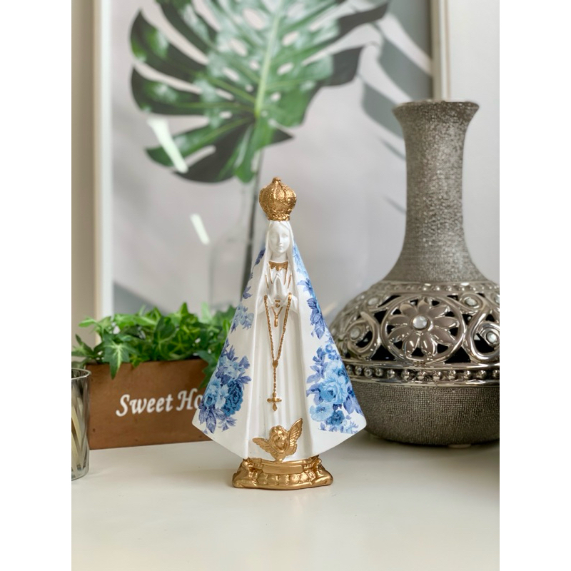 nossa senhora aparecida 22cm flores azul detalhes dourado gesso em Oferta na Shopee