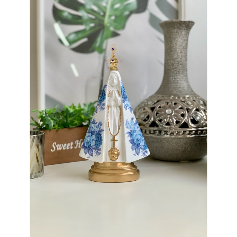 nossa senhora aparecida 22cm coroa folheada manto flor azul detalhes dourado gesso