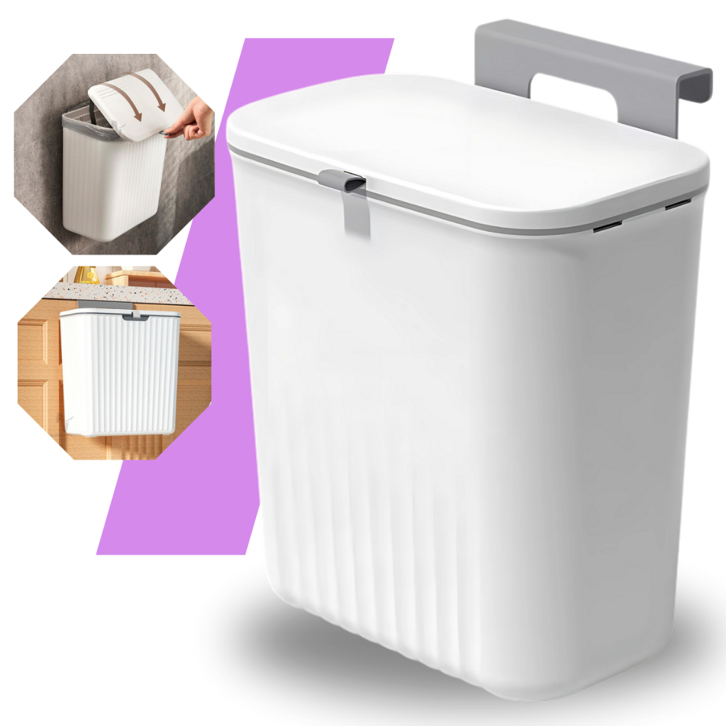 Lixeira Suspensa 9 Litros Com Tampa Suporte Alto Adesivos E Alça De Pentura Para Cozinha E Banheiro