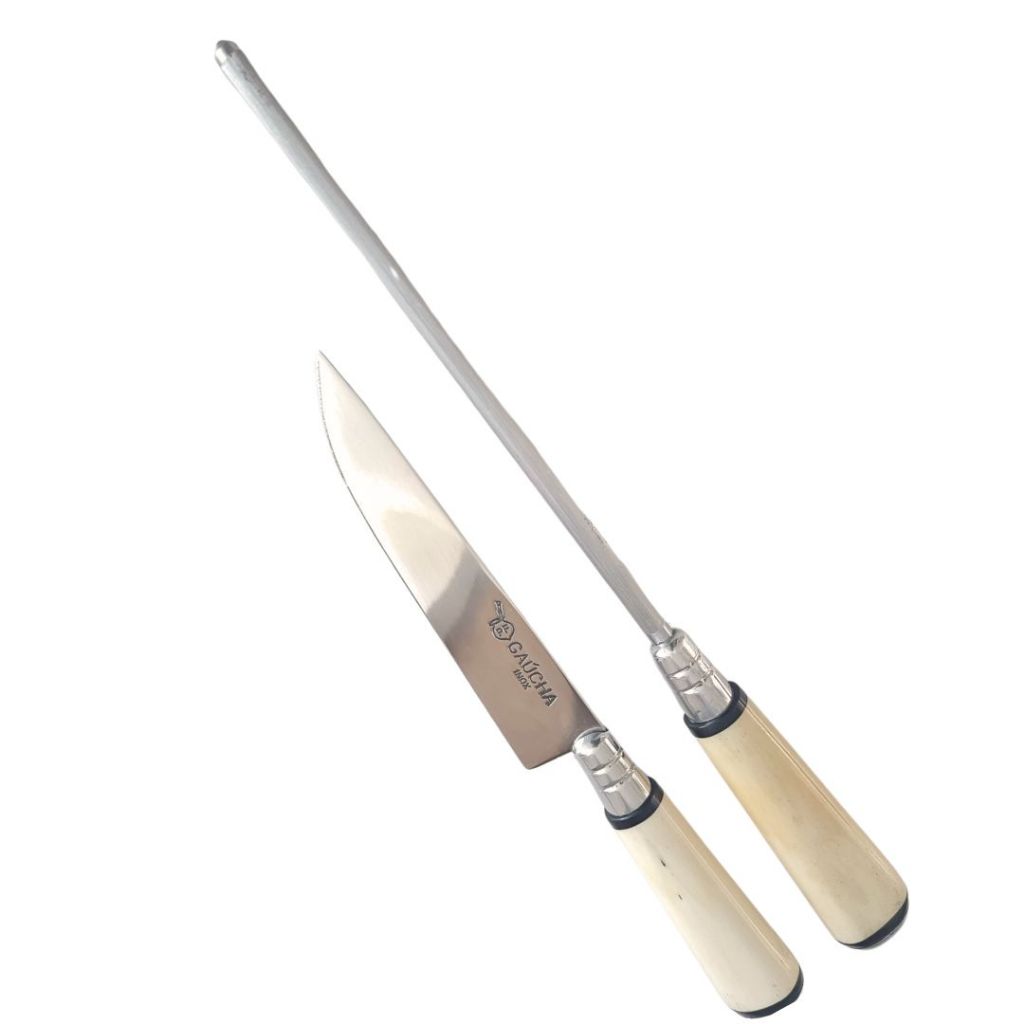 Faca e Chaira Churrasco Artesanal Cabo de Osso 6 Polegadas Aço Inox Bainha De Couro Chaira 10 Polegadas