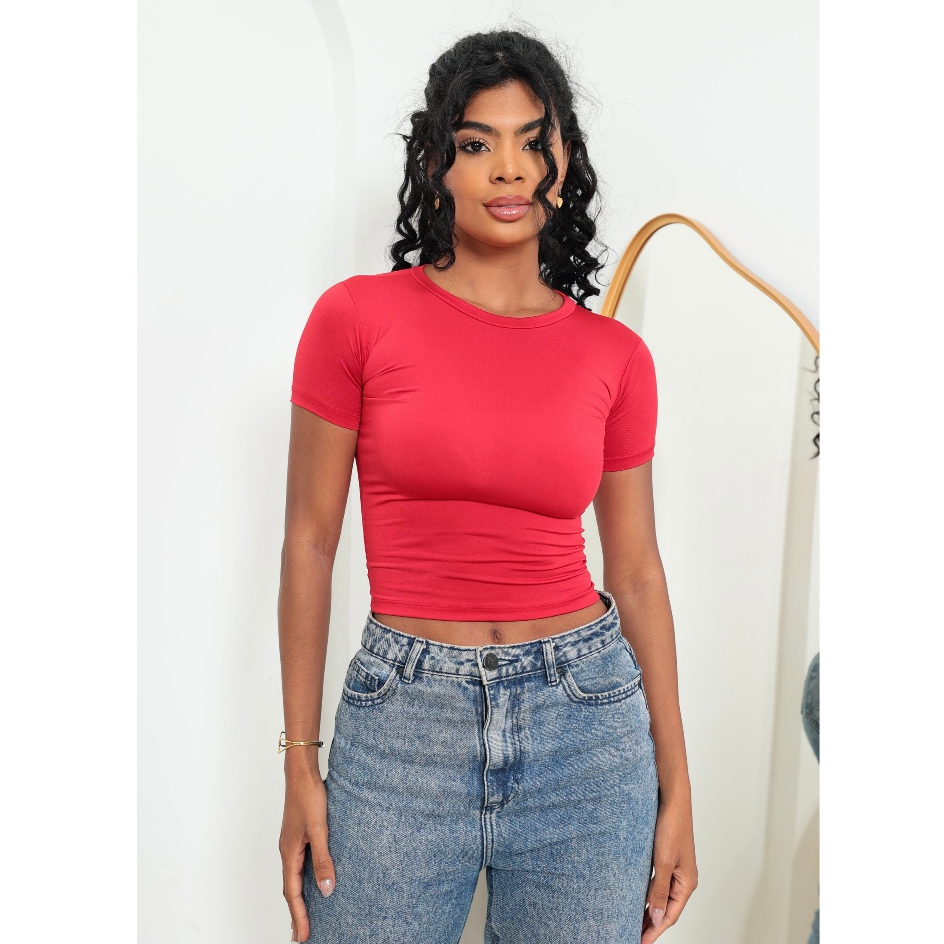 Baby Tee Feminina - Blusa Slim Fit Manga Curta  Blusa de Compressão  Várias Cores