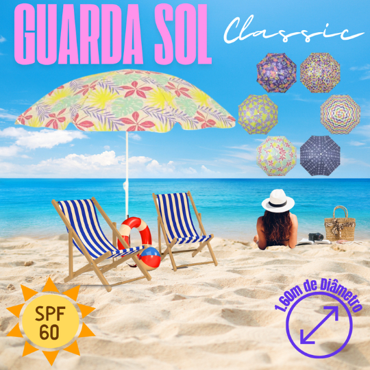 GUARDA SOL CLASSIC 1.60M ESTAMPAS BEL LAZER SILVER COATING UV FPS 60 C/ SACOLA TIRACOLO.