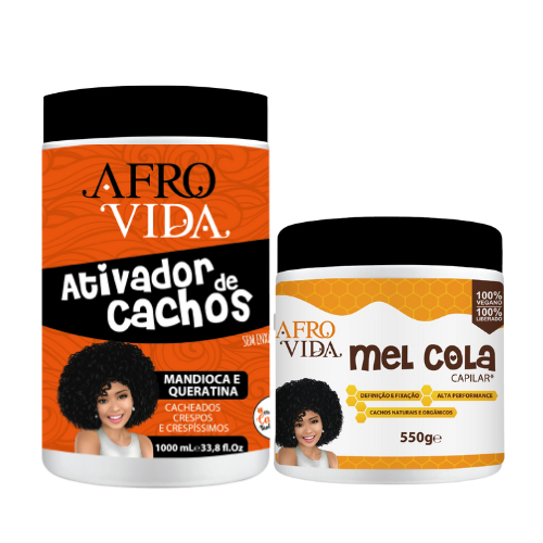 Kit Afro Vida Ativador de Cachos Queratina 1Kg Liberado + Mel Cola Alta Performance 550g
