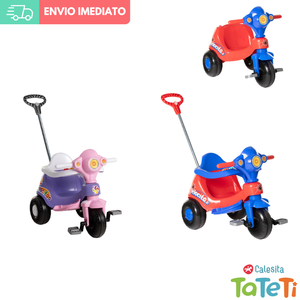 Triciclo Motoca Infantil Empurrador Passeio Pedal Velocita Calesita Lilás Vermelho Com Buzina e Painel Didático