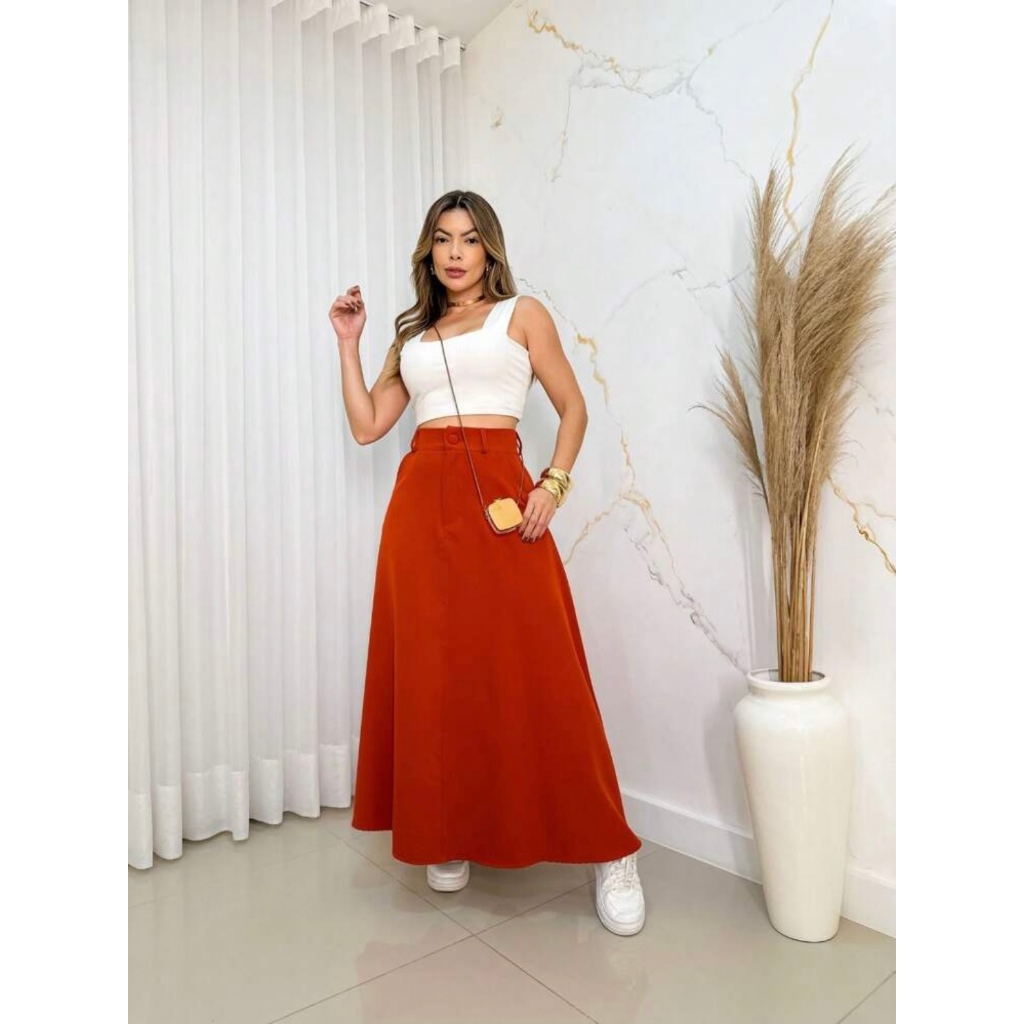 Q078 Saia Longa Rodada Feminina  Alfaiataria Moda Evangélica  Casual Básica Inverno Cintura Alta  Elegante Tendência em Oferta na Shopee