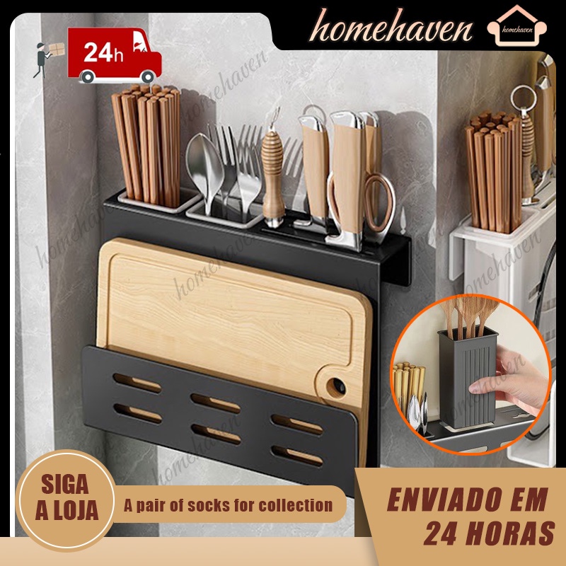 Suporte para faca de cozinha montado na parede, rack de armazenamento de cozinha multifunc...