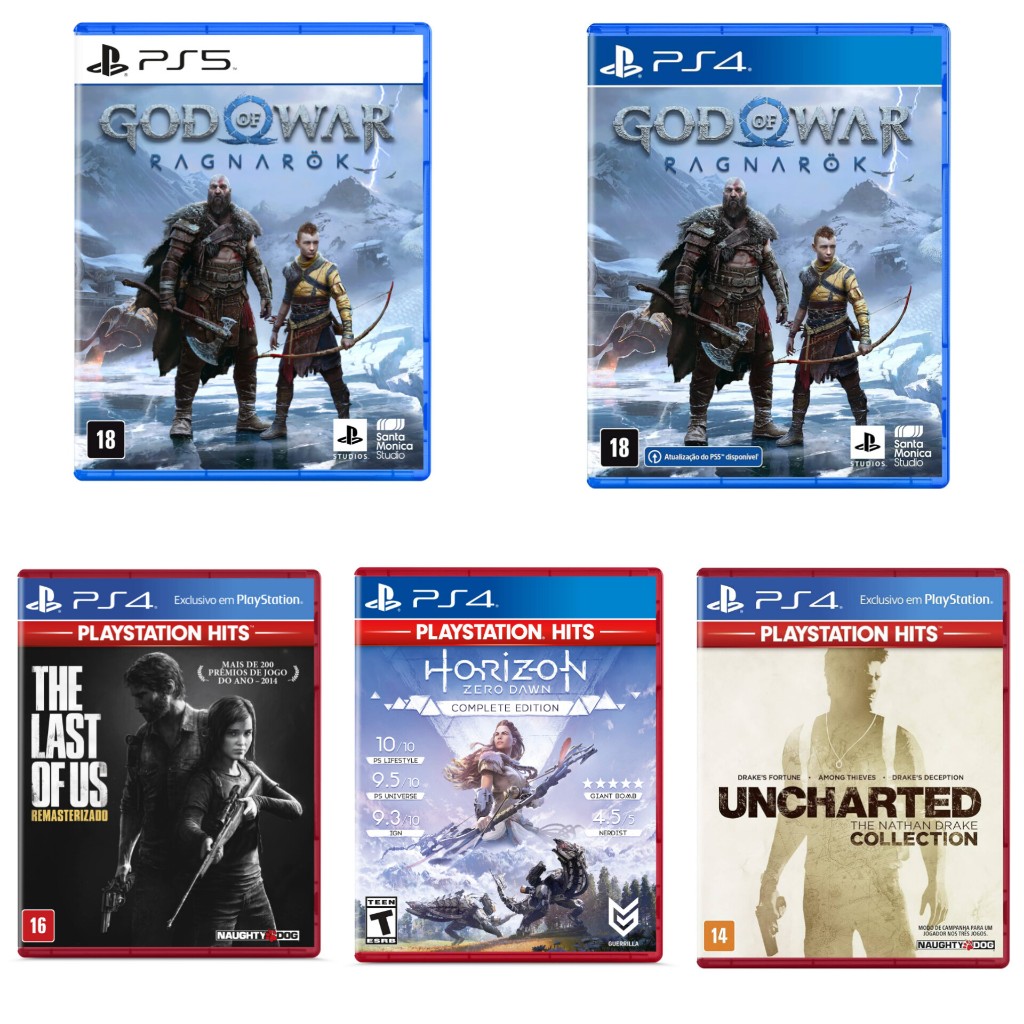 God Of War Ragnarok Ps4 e Ps5, The Last Of Us Part 1 Ps4, Horizon Zero Dawn Ps4 e Uncharted Collection Ps4 Lacrados