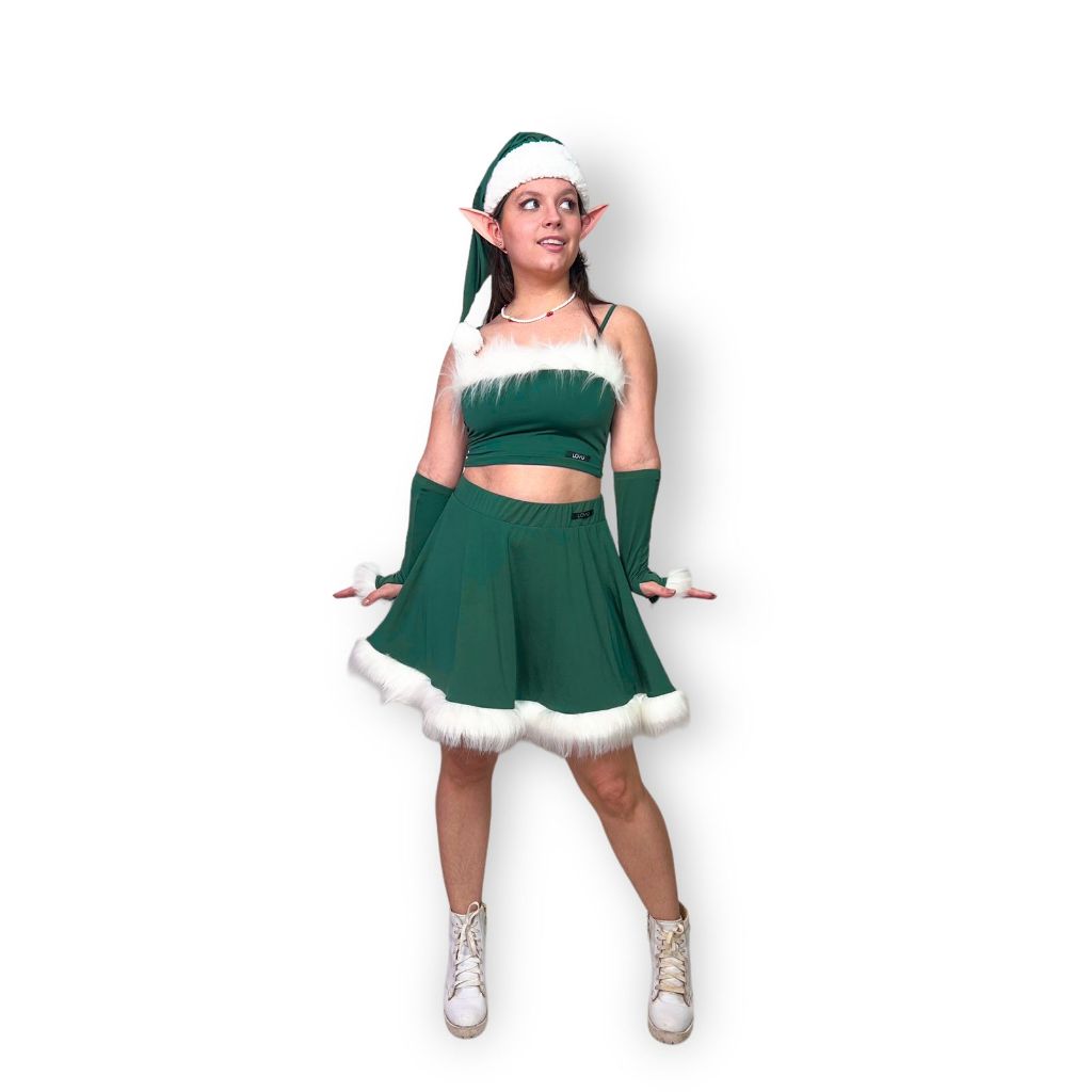 Conjunto Mamae Noel Natal By Lovu Verde Com Pelo Branco  Plussize Elfo Fantasia Gnomo Festa Natalino Patricinha Moderno