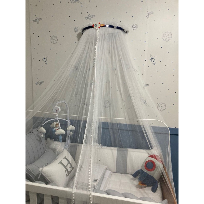 Dossel  Berço Foguete Astronauta Azul e Mosquiteiro Tule Pompom