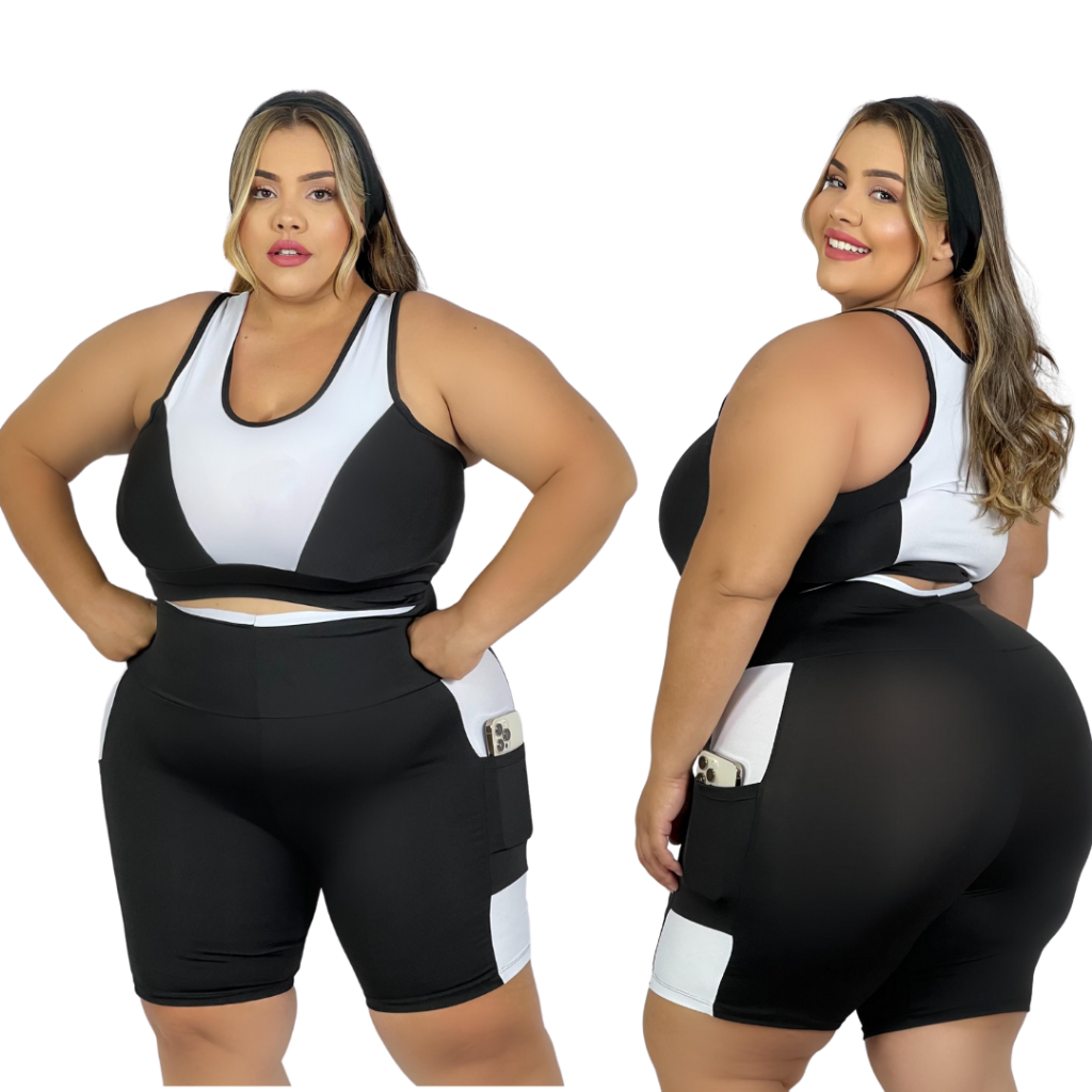 Conjunto Academia Short c/bolso + Top PLUS SIZE E SLIM 40 ao 54 Curves Fitness feminino G ...
