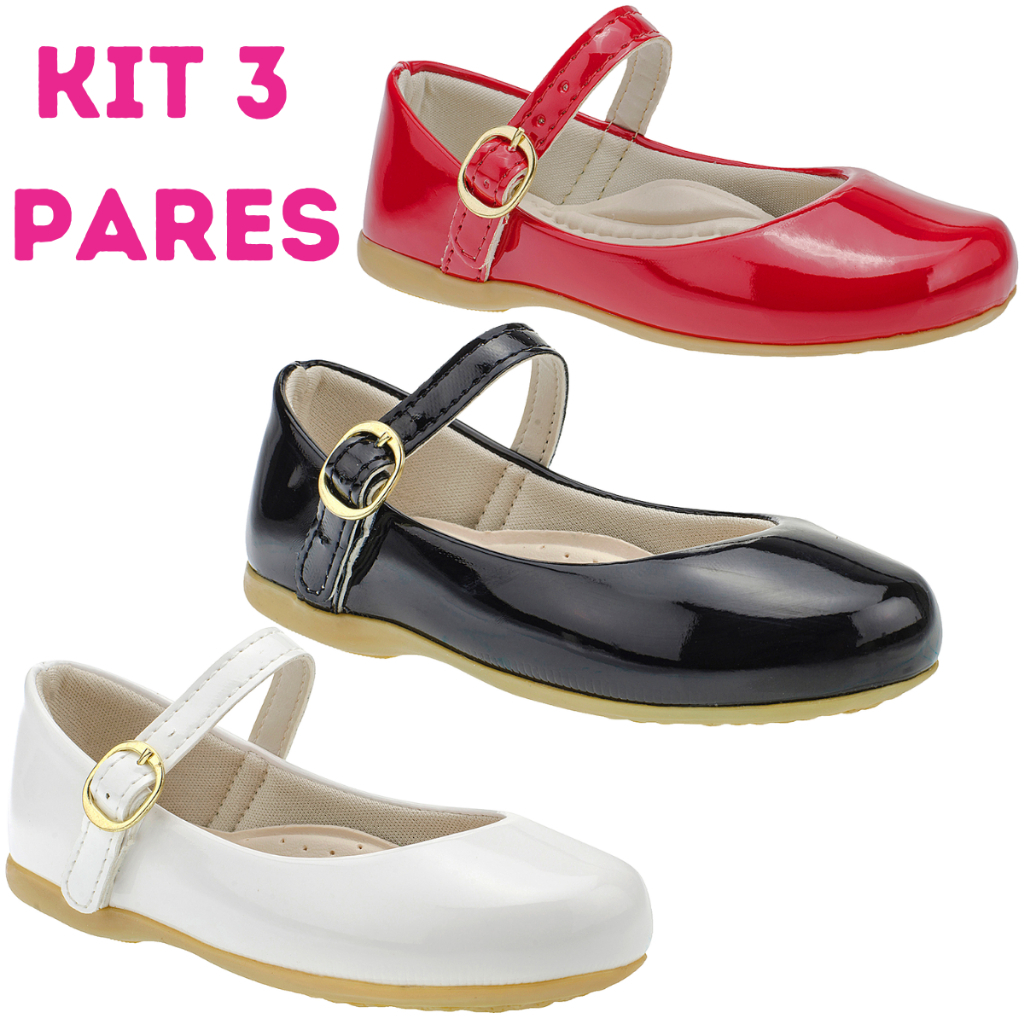 Kit 3 Pares Sapatilha Infantil Menina Verniz B2a Kids Preto Vermelho Branco Promoção em Oferta na Shopee