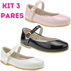 Kit 3 Pares Sapatilha Infantil Menina B2a Kids Verniz Preto Rosa Branco Original