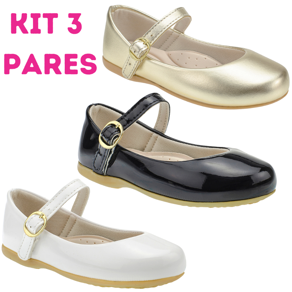 Kit 3 Pares Sapatilha Menina Infantil Metalizada Verniz Festa B2a Kids Branco Preto Dourado em Oferta na Shopee