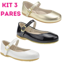 Kit 3 Pares Sapatilha Menina Infantil Metalizada Verniz Festa B2a Kids Branco Preto Dourado