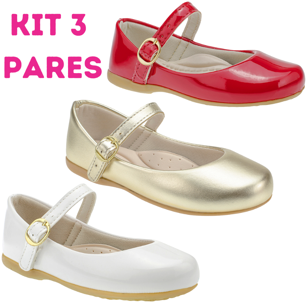 Kit 3 Pares Sapatilha Menina Verniz Metalizado Batizado B2a Kids Dourado Vermelho Branco em Oferta na Shopee