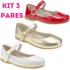 Kit 3 Pares Sapatilha Menina Verniz Metalizado Batizado B2a Kids Dourado Vermelho Branco