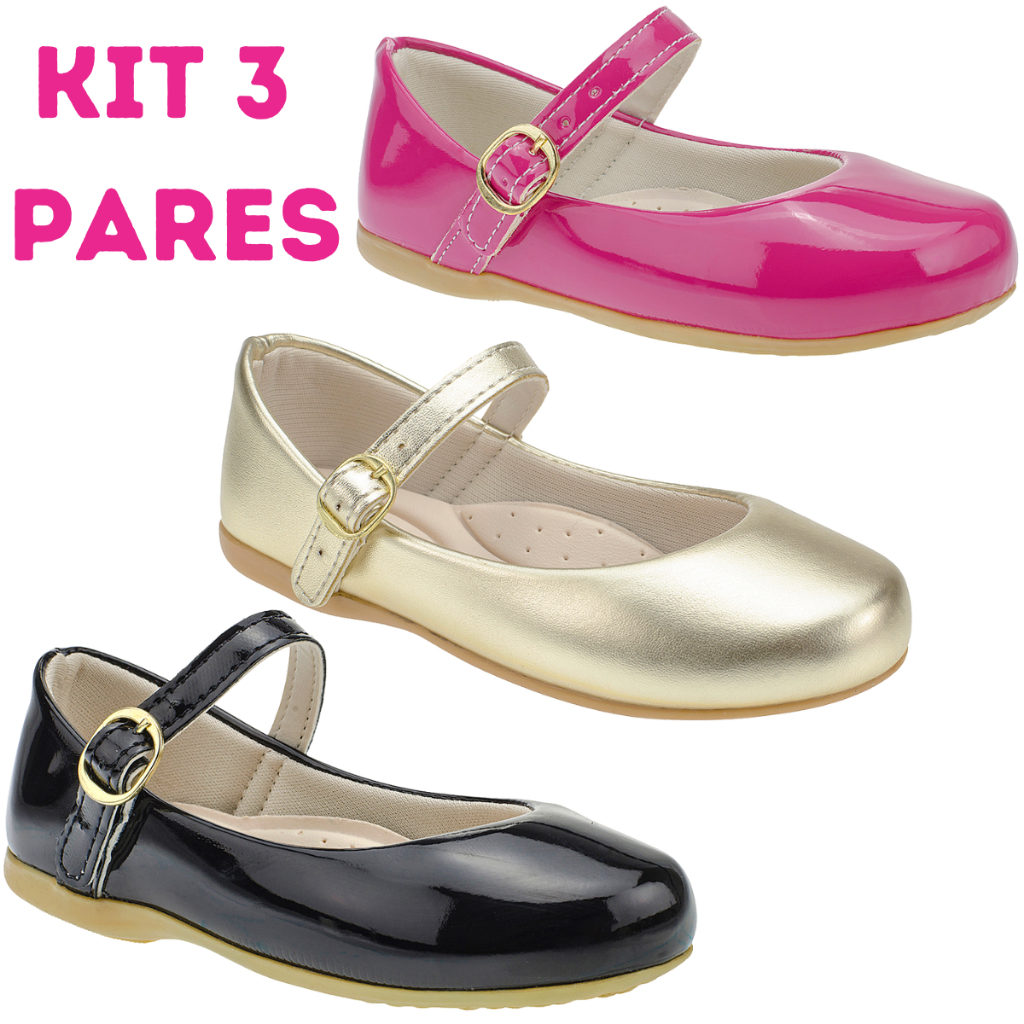 Kit 3 Pares Sapatilha Infantil Menina Verniz B2a Kids Casamento Dourado Preto Pink Promoção em Oferta na Shopee