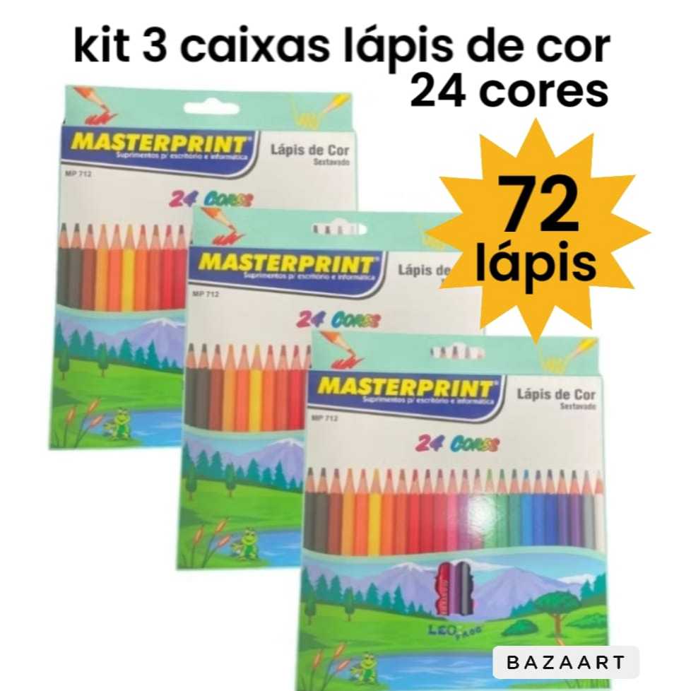 Kit 3 Caixa Lápis de Cor 24 Cores Vivas Masterprint Sextavado Total 72 Lapis