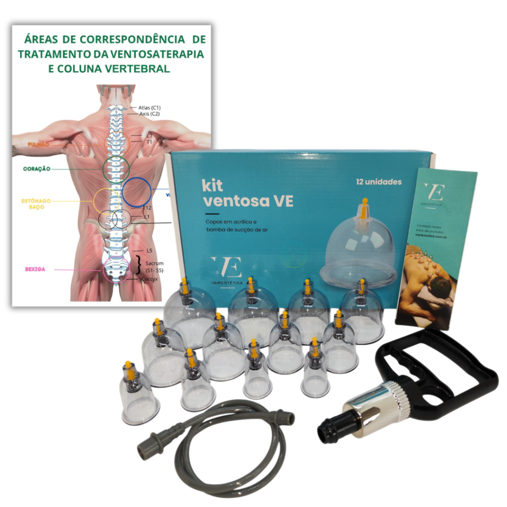 Kit Ventosas 12 Copos com Anvisa + Mapa Plastificado Ventosaterapia