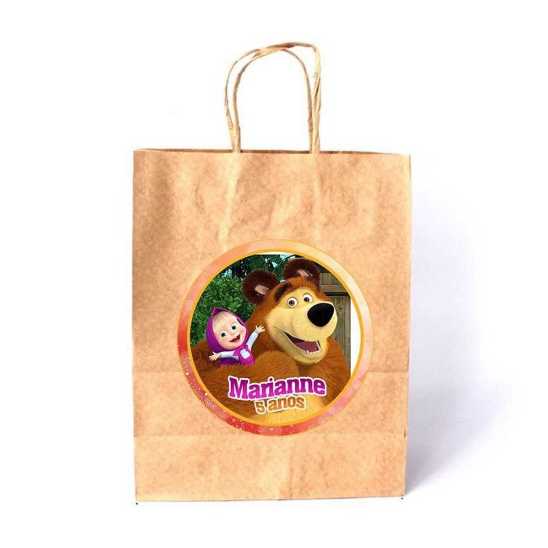 10 Sacolinhas Kraft 15x22 cm Personalizado com Adesivo Masha e o Urso, Aniversário, Mesversário