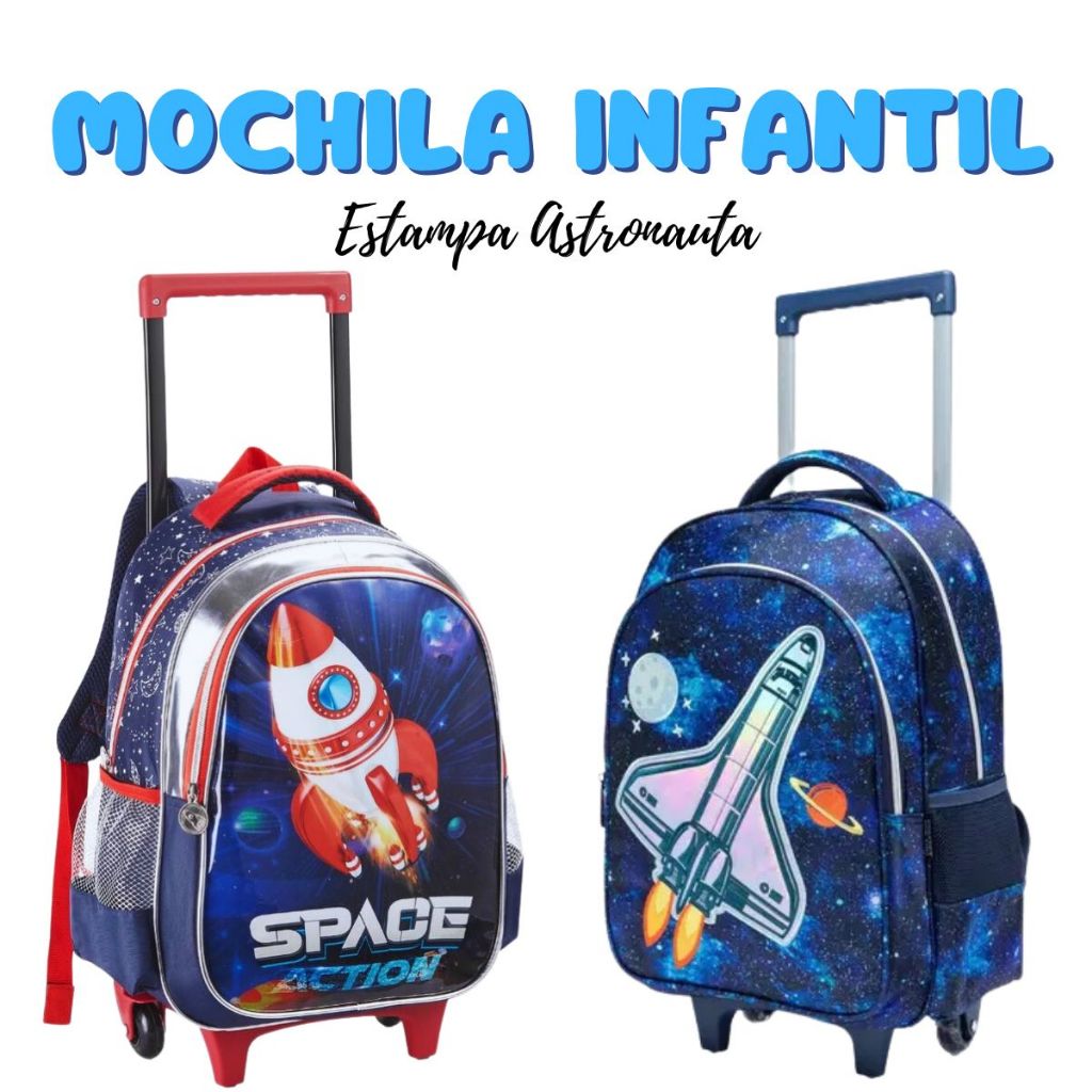 Mochila Escolar Infantil Astronautas de Rodinhas Menino Bolsa Resistente Impermeável
