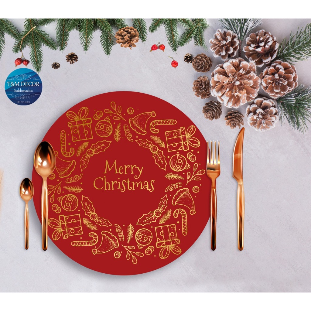 Jogo Capas Para Sousplat Em Tecido - Natal Merry Christmas 8 peças