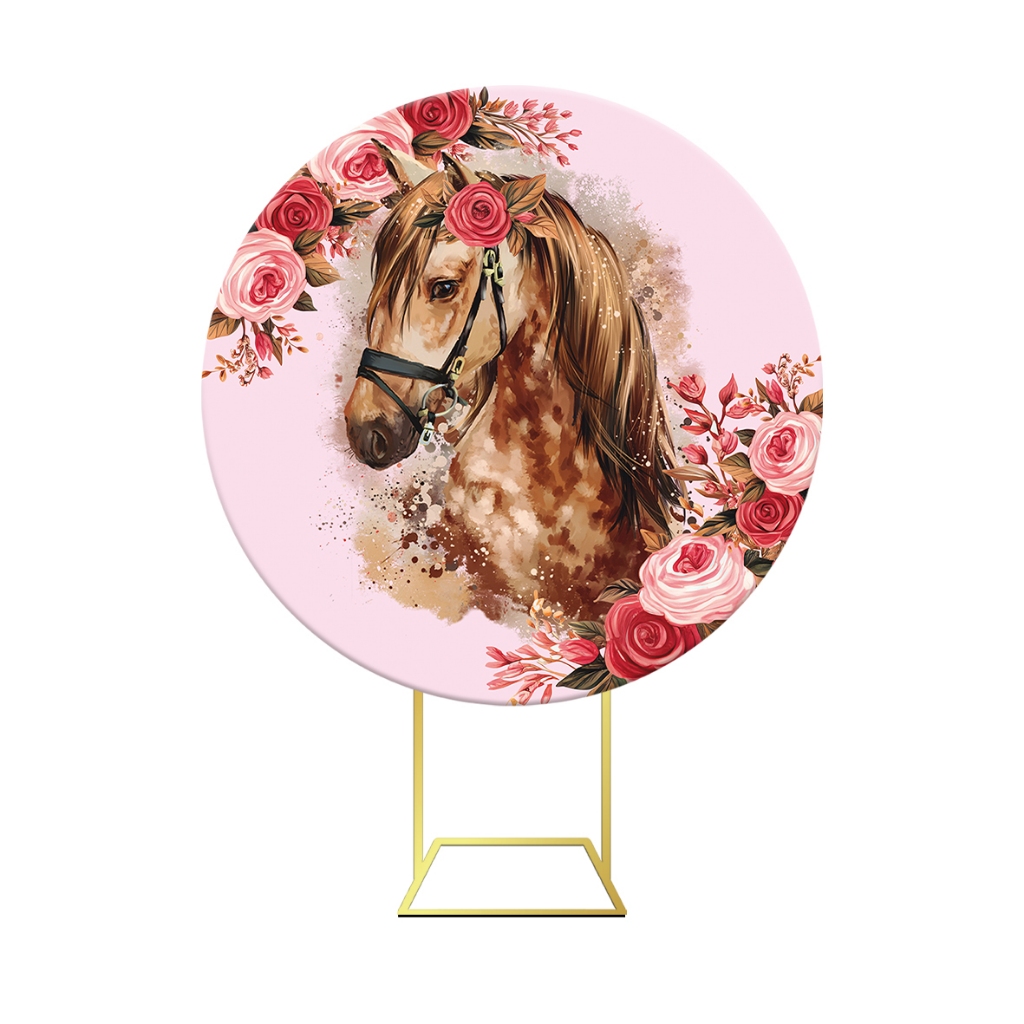 Painel redondo em Tecido Country Cavalo Floral Girl Rosa 1,53m 00