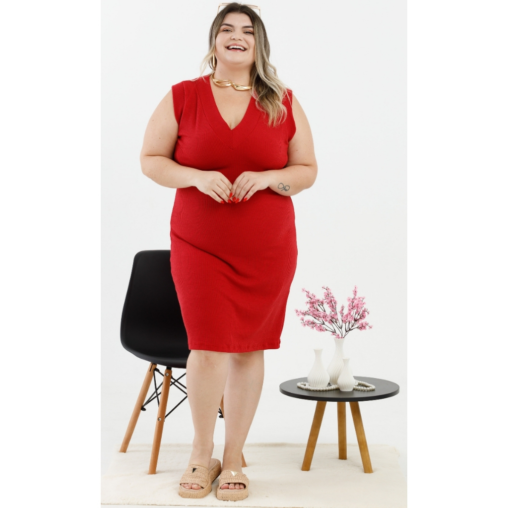 Vestido Feminino Midi Plus Size Ribana Anarruga Decote V Alças Larga Básico Over Confortável 3068A