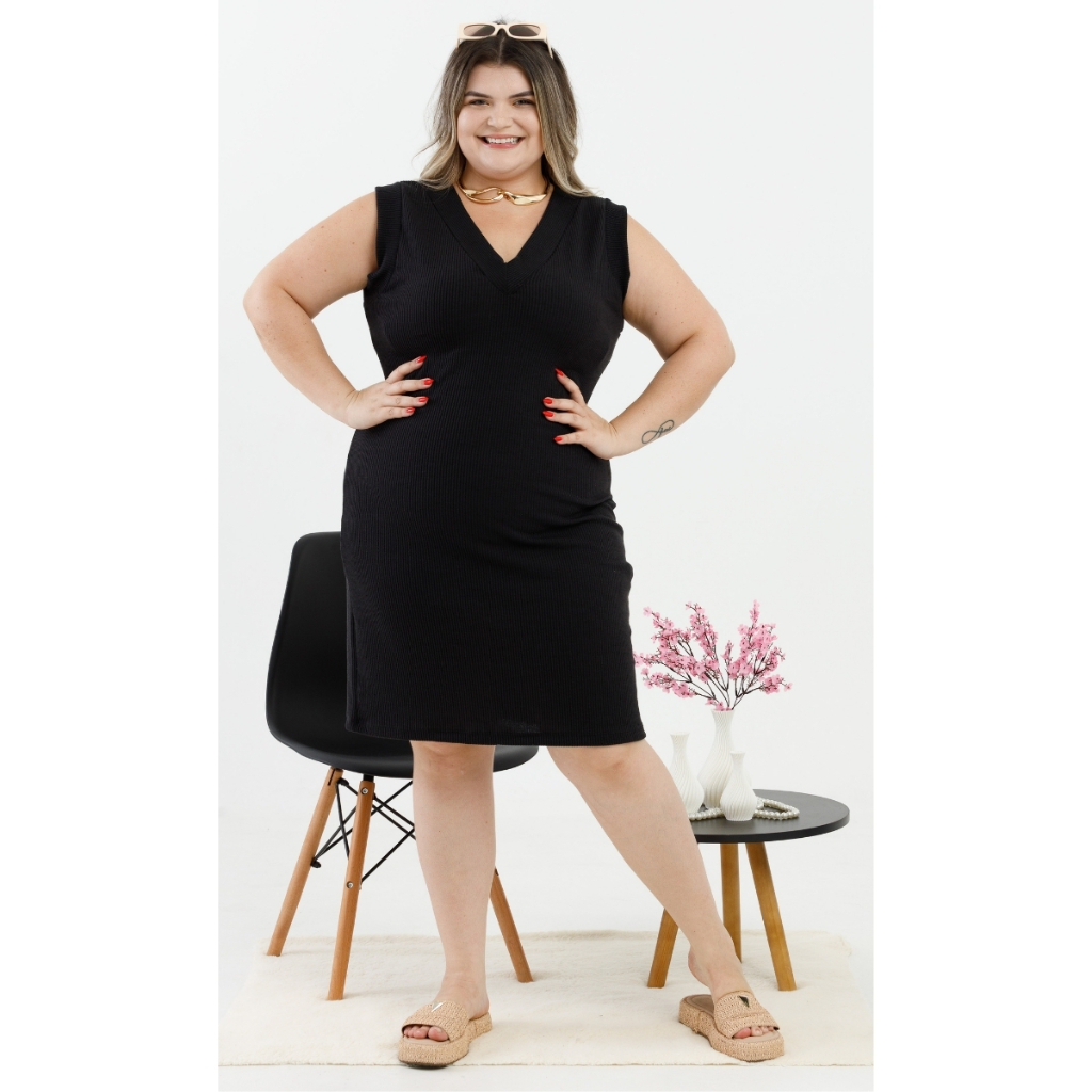 Vestido Plus Size Básico Ribana Decotado Sem Mangas Moda Primavera Verão Praiano Tendência 3068A