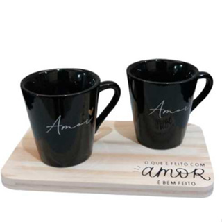 Kit 2 Xicaras Cha Cafe Caneca Preta Personalizada Escrita Amor 120ml Com Base Tabua Madeira Pinus em Oferta na Shopee