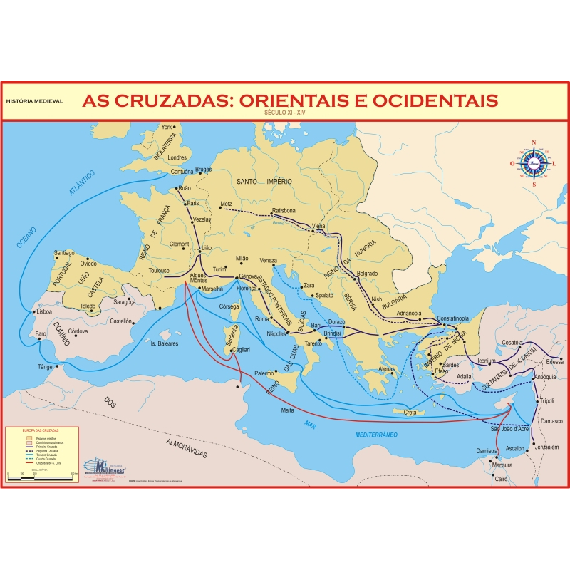 Mapa Gigante - As Cruzadas - História Medieval Geografia e Religiões - Educação Escolar - 120x90 cm