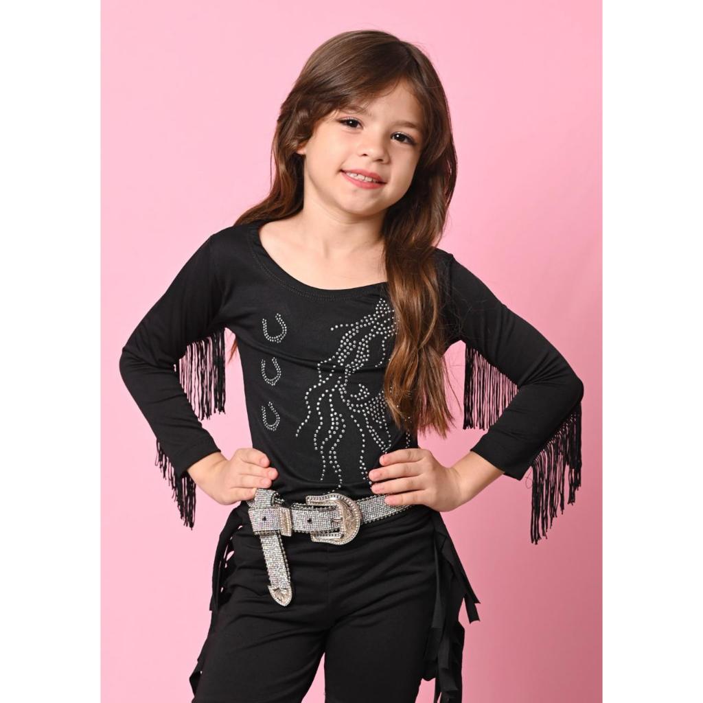 Body Manga Longa Infantil Juvenil Preto Com Franja Strass Brilho Pedraria Country Boiadeira Cavalos Rodeio
