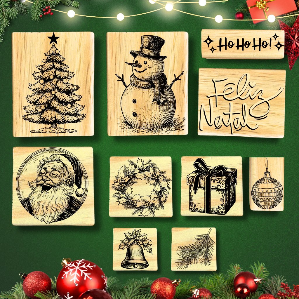 Kit 10 Carimbos de Natal Luxo para Sacola Kraft Caixa Embalagem Envelope Tecido Presente Papel Noel