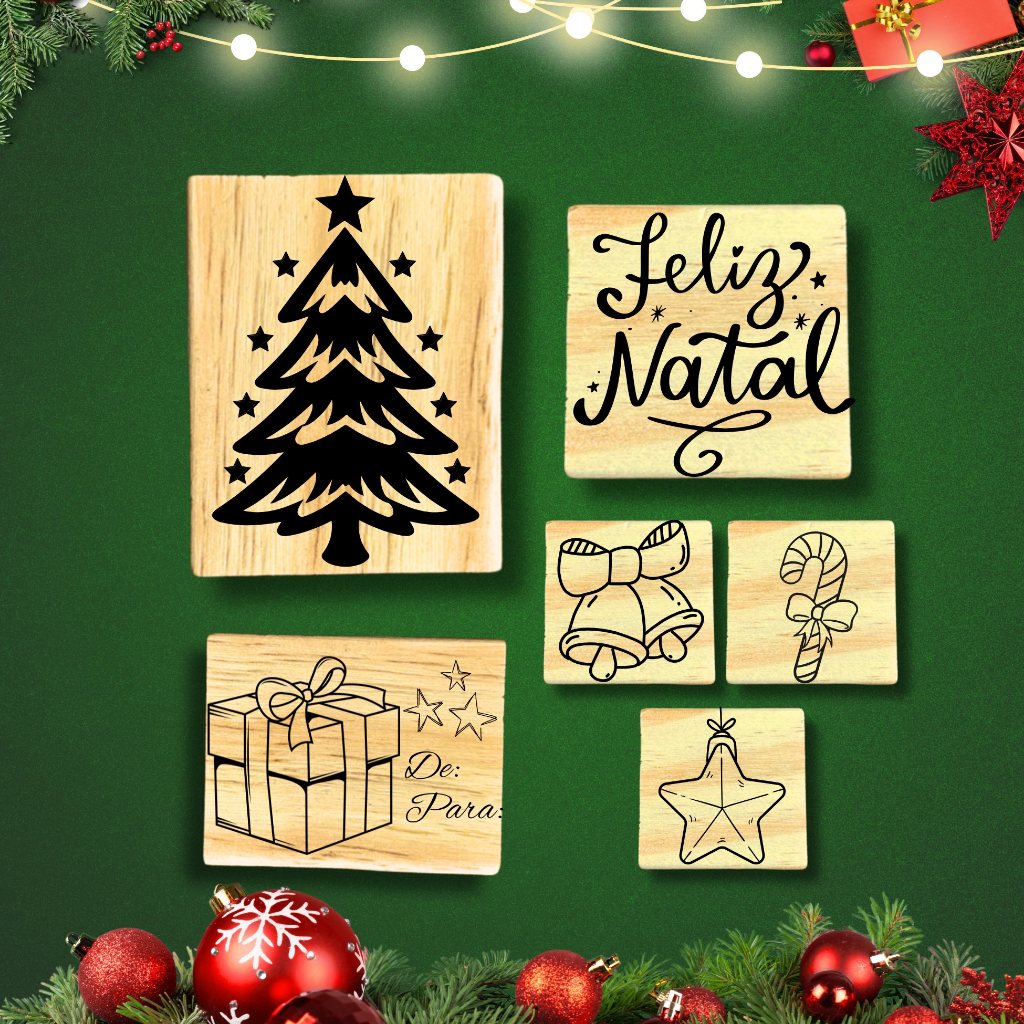Kit 6 Carimbos de Natal Luxo para Sacola Kraft Caixa Embalagem Envelope Tecido Presente Papel Noel