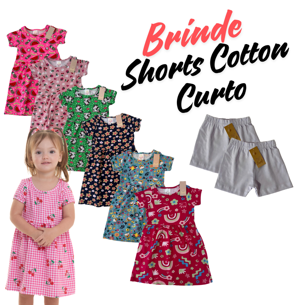 KIT 2 Vestido Cotton Sortido Infantil Feminino Menina Estampadas Tam 2 ao 8 + Brinde Shorts Cotton