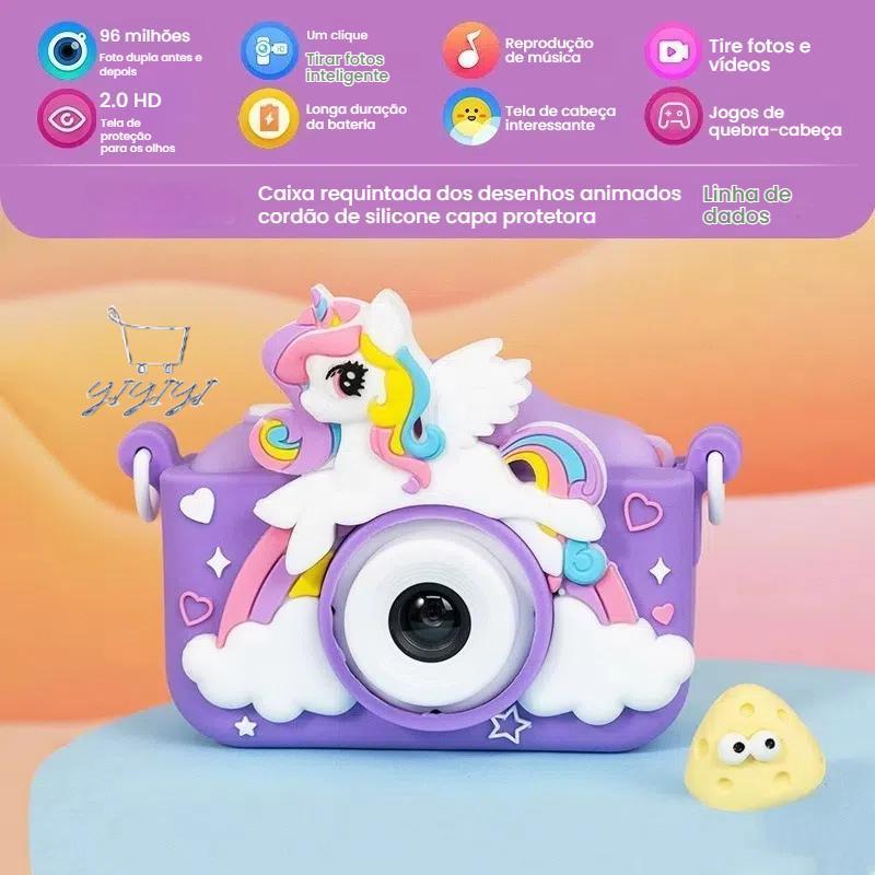 Mini Câmera Infantil de Vídeo Digital Unicórnio com Estojos de Silicone para Crianças Video Jogos Fotos