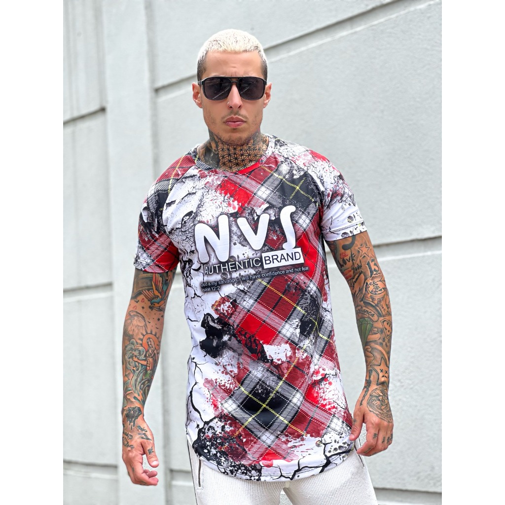 Camiseta Longline Masculina Xadrez Estampada Premium Streetwear Slim Fit Moderna
